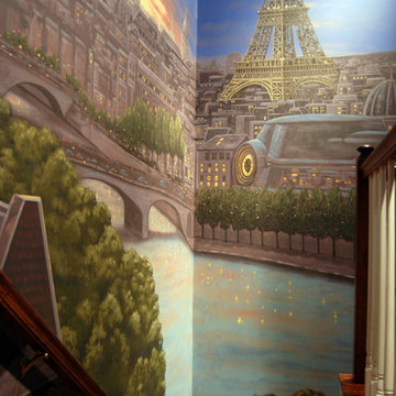 Paris Panorama 360 degree Mural hand painted throughout a 17 foot stairway