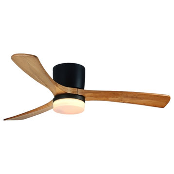 36" LED Ceiling Fan With Remote Control, Black, 42.0x10.2", Light Wood Blades