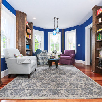 Vibrant Blue Library Living Room with Built-Ins – North Shore MA