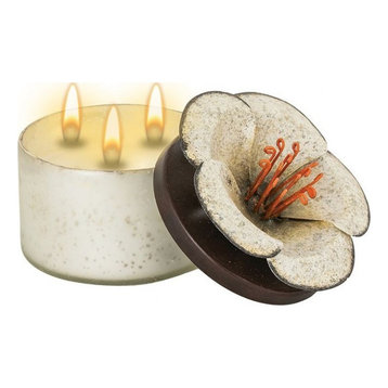 Double Wick Candle Floral Lid made of Glass Container/Metal Lid/Soy Wax Blend
