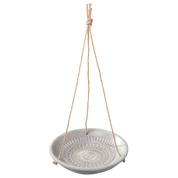 Hanging Bird Bath with Tribal Design Surface Concrete Gray Finish, Large