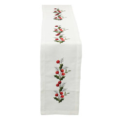 Xia Home Fashions - Holly Berry Embroidered Hemstitch Christmas Mini Table Runner, 8"x62" - Table Runners
