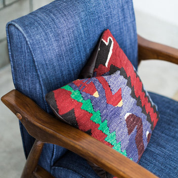 Blue Mid Century Modern Chair with Colorful Turkish Kilim Pillow