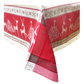 Northern Reindeer Holiday Design Jacquard Tablecloth, Red/Taupe, 72"