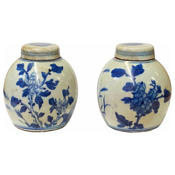 Pair Blue White Mini Oriental Flowers Graphic Porcelain Ginger Jars Hws1874