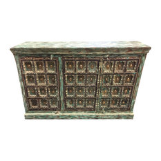 Mogul Interior - Consigned Green Distressed Square Carved Brass Medallion Sideboards Chest - Buffets and Sideboards