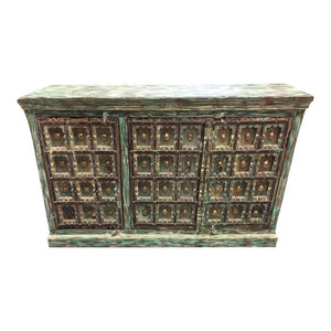 Mogul Interior - Consigned Green Distressed Square Carved Brass Medallion Sideboards Chest - Buffets And Sideboards