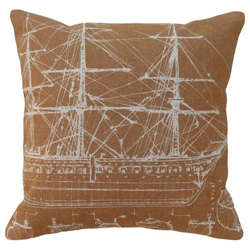 Tall Ship Printed Linen Pillow With Feather-Down Insert, Caramel, Caramel