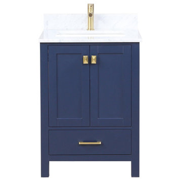 Freestanding Bathroom Vanity With Marble Countertop and Undermount Sink, Blue, 24" With Sink