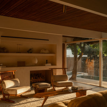 Hollywood Hills Restored Living Room with Wood Ceilings and Built-Ins