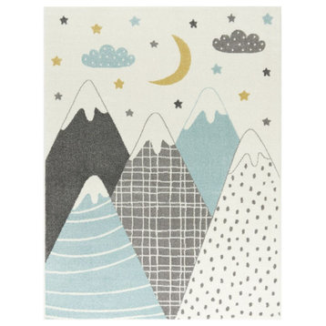 Kids Rug With Mountains and Dreamy Stars, Blue, 6'7"x9'2"