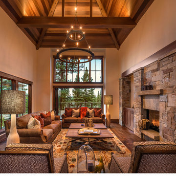 Open Living Room See Through Fireplace and Bar