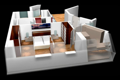 Imagen de dormitorio principal actual de tamaño medio con paredes blancas, suelo de bambú y suelo marrón