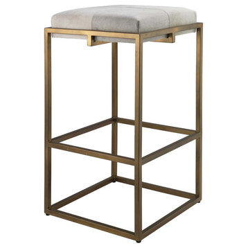 Luxe Open Geometric Brass Gold Frame Bar Stool White Hair on Hide Square Cushion