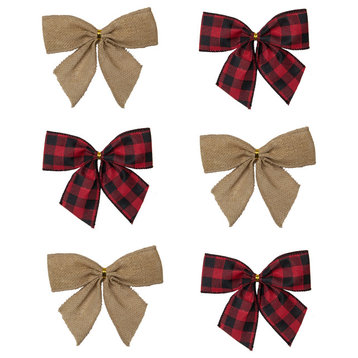 Pack of 6 Buffalo Plaid and Burlap 2 Loop Christmas Bow Decorations 5.5"