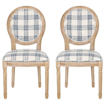 Lariya French Country Fabric Dining Chairs (Set of 2), Dark Blue Plaid + Natural