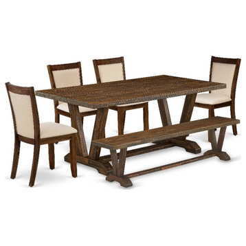 V777MZN32-6 - Wood Table and 4 Light Beige Chairs - Distressed Jacobean Finish