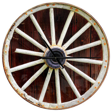 Country Wagon Wheel On Wooden Wall Clock Farmhouse Clock, 23"x23"