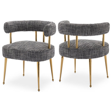 SEYNAR Mid-Century Modern Open-Back Linen Dining Chair Set of 2 with Gold Legs, Black