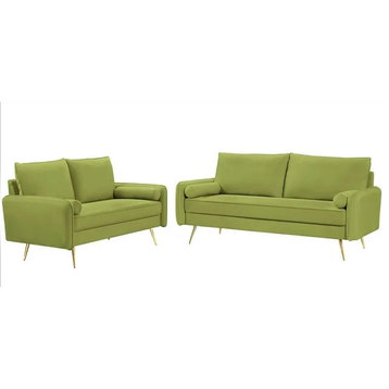 Modern Sofa & Loveseat Set, Sleek Golden Legs With Velvet Seat, Olive Green