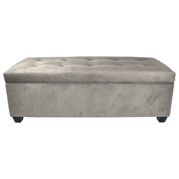 Large Storage Bench, Hinged Padded Lid With Square Button Tufting, Platinum