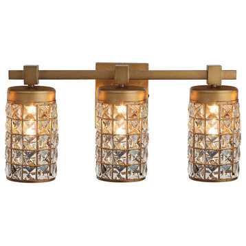 Modern 20 in. 3-Light Gold Wall Sconce Vanity Light with Crystal Cylinder Shade