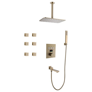 Thermostatic Complete Shower System With Rough-in Valve, Brushed Gold
