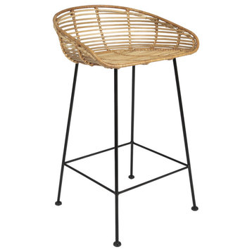32"H Woven Rattan Bar Stool With Black Wrought Iron Legs