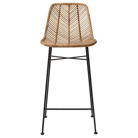 Chic Rattan Bar Stool With Metal Frame, Natural and Black