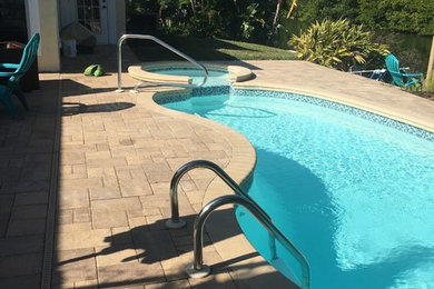Small island style backyard brick and kidney-shaped lap hot tub photo in Tampa