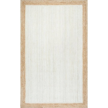 Farmhouse Area Rug, Pure Jute With Inner White & Natural Boundary, 6' X 9'