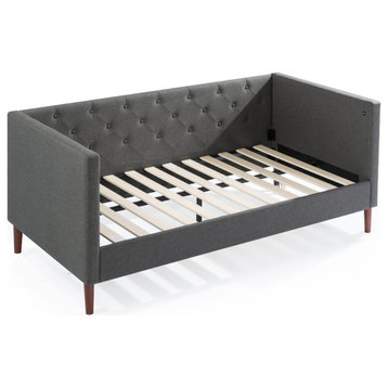 Twin Size Daybed, Slatted Support & Button Tufted Back With USB Port, Dark Gray