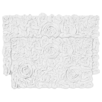 Bell Flower Collection 100% Cotton Tufted Bath Rugs, 2 Piece Set(M+L), White