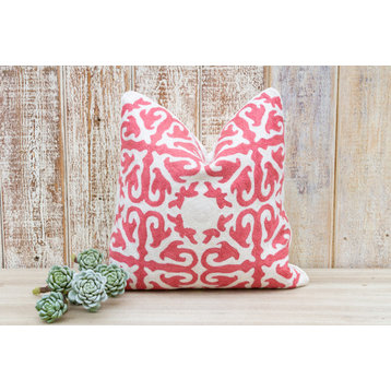 Pink & White Moroccan Wool Embroidered Throw Pillow Cover