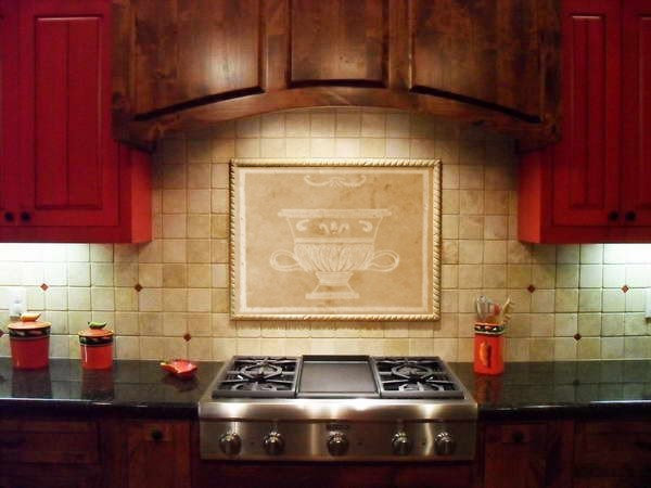 Custom Kitchen Tile Backsplash: Garden Urn - Travertine Marble
