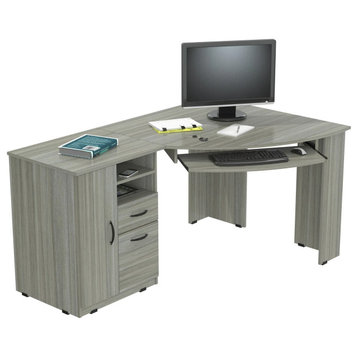 Modern Corner Desk, Pull Out Keyboard Tray & Ample Storage Space, Gray Smoke Oak