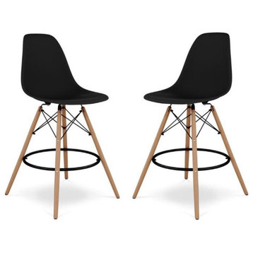 Home Square 2 Piece 28" Plastic and Wood Counter Stool Set in Black/Brown