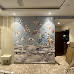 Lets go on a moon walk, Cute kids room wallpaper, Blue - Wallpaper