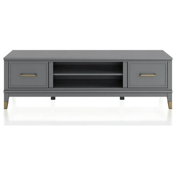 Contemporary TV Console, Low Profile Design With Golden Accents, Graphite Gray