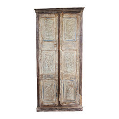 Mogul Interior - Consigned Indian Antique Natural Wardrobe Handcarved Almirah Farmhouse Design - Armoires and Wardrobes