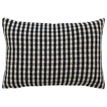 Woven Recycled Cotton Blend Lumbar Pillow Cover, Gingham, Black and White
