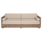 Armen Living - Vivid Outdoor Patio Sofa, Light Eucalyptus Wood With Taupe Olefin Cushions - Introducing the Vivid Outdoor Patio Sofa, a perfect blend of style and functionality designed to elevate your outdoor living space. This sophisticated outdoor sofa in a timeless taupe hue is crafted from durable Eucalyptus wood, seamlessly combining aesthetics with longevity. Designed for the outdoor enthusiast, the Vivid Outdoor Patio Sofa is not only adds a touch of elegance but also ensures the sofa's durability, making it a reliable choice for your outdoor seating needs. The water-resistant and UV-resistant features of this outdoor sofa make it a resilient option against the elements, allowing you to enjoy its comfort and style in various weather conditions. The included taupe Olefin cushions provide an extra layer of comfort and are easily removable by the zipper closure for convenient cleaning, ensuring your outdoor oasis remains fresh and inviting. Whether you're hosting a gathering or enjoying a quiet evening under the stars, the Vivid Outdoor Patio Sofa provides a comfortable and stylish seating solution. Its versatile design seamlessly complements any outdoor setting, making it an ideal choice for your patio, garden, or poolside area. Invest in quality outdoor furniture that stands the test of time, and choose the Vivid Outdoor Patio Sofa. With its durable Eucalyptus wood construction, water-resistant and UV-resistant features, and easy-to-clean removable cushion covers, this outdoor sofa is not just a piece of furniture; it's a statement of style and practicality for your outdoor sanctuary. This sofa includes 2 bolster pillows, 2 back cushions, and 2 seat cushions that attach with hook and loop straps.