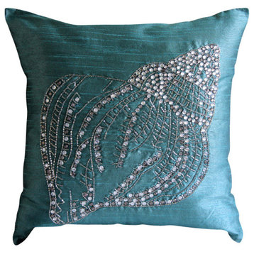 Decorative Throw Pillow Cover Blue Art Silk 18"x18" Sea Shell- Crystal Sea Shell
