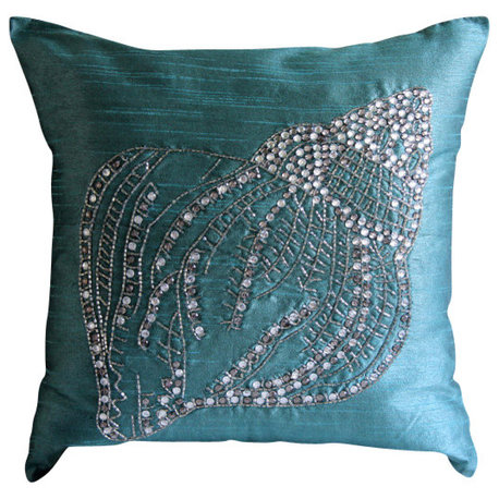 Blue Sea Shell 16"x16" Silk Throw Pillows Covers for Couch - Crystal Sea Shell