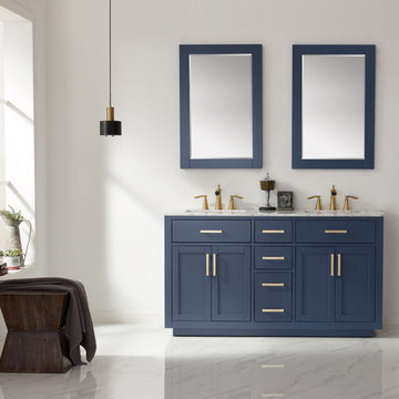 Ivy 60" Double Bathroom Vanity Set in Royal Blue and Carrara White Marble Counte