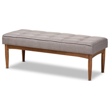 Sanford Mid-Century Modern Gray Fabric Walnut Brown Finished Wood Dining Bench