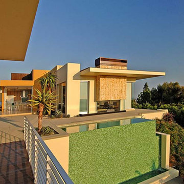 Hollywood Hills Glass Tile Swimming Pool, Vanishing Edge Spa, Entry Watershape