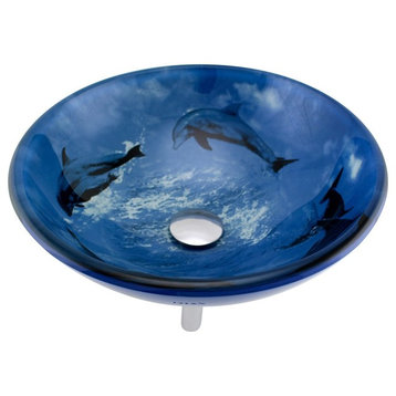 Tempered Glass Countertop Vessel Sink Blue Dolphin Round Bowl with Chrome Drain