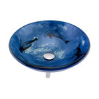 Tempered Glass Countertop Vessel Sink Blue Dolphin Round Bowl with Chrome Drain