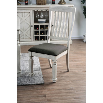 Benzara BM183235 Wood Side Chair With Fabric Padded Seat, S/2, Antique White